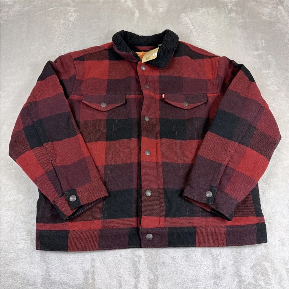 Levi's Relaxed Fit Plaid Trucker Jacket Men's Size  XXL Red/Black Sherpa Lined